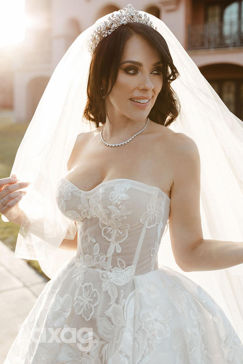 15638 - Strapless Lace Appliqued A-Line Wedding Dress