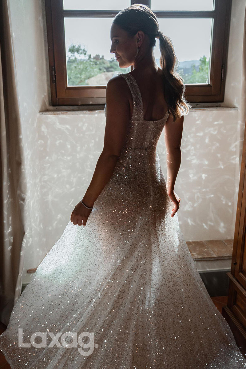 15639 - Square Bone Bodice Tulle A-Line Sparkly Wedding Dress