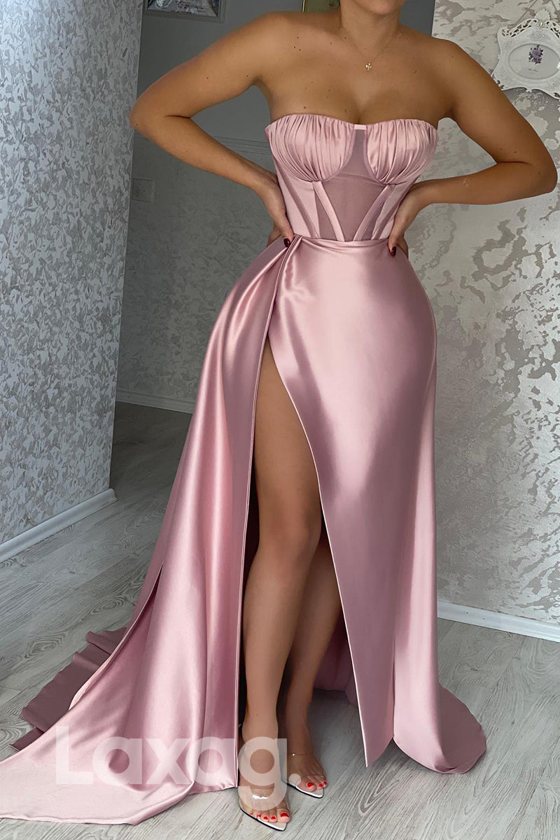 16820 - Strapless Bone Bodice Thigh Slit Pink Prom Dress Long