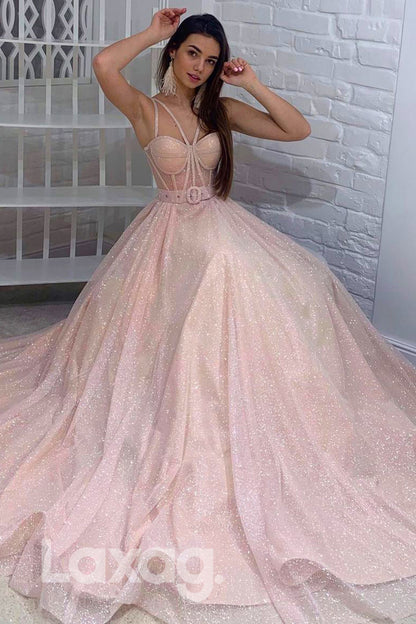 19712 - A-line Spaghetti Straps Pink Prom Dress Glitter|LAXAG