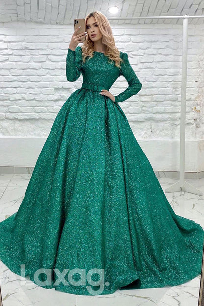 19720 - A-line Jewel Long Sleeves Sparkly Prom Dress Backless|LAXAG