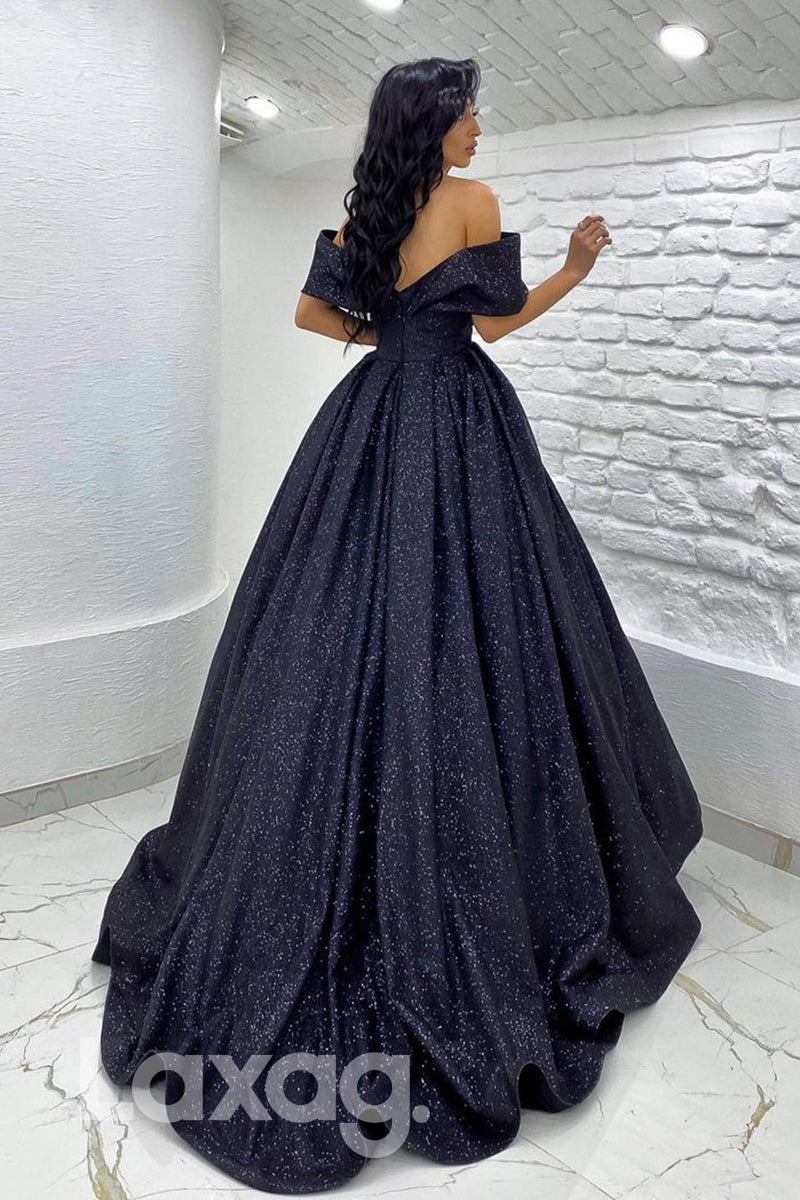 19734 - Unique Off Shoulder Pleats Sparkly Prom Dress with Pockets|LAXAG
