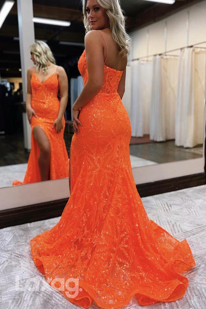 19763 - Spaghetti Straps V-Neck Sequined Long Prom Gown With Slit