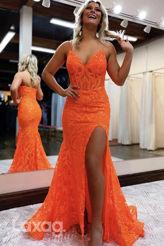 19763 - Spaghetti Straps V-Neck Sequined Long Prom Gown With Slit