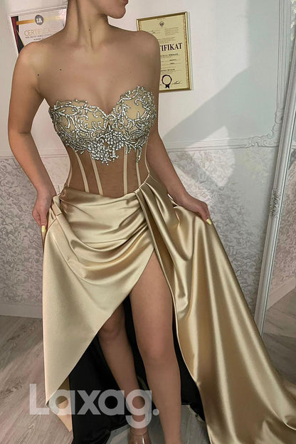 19779 - Champagne Sweetheart Beaded Bone Bodice Slit Prom Dress