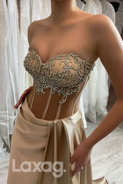 19779 - Champagne Sweetheart Beaded Bone Bodice Slit Prom Dress