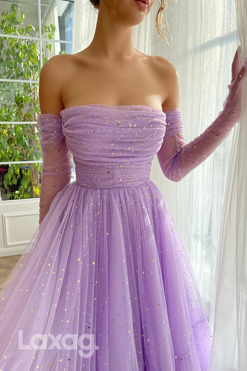 21772 - Strapless Tulle Ankle-Length Prom Dress With Gloves