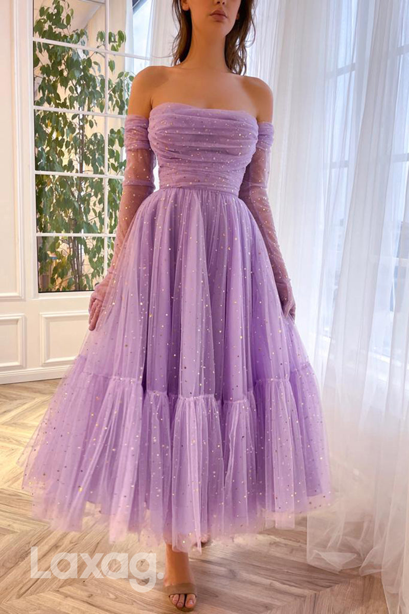 21772 - Strapless Tulle Ankle-Length Prom Dress With Gloves