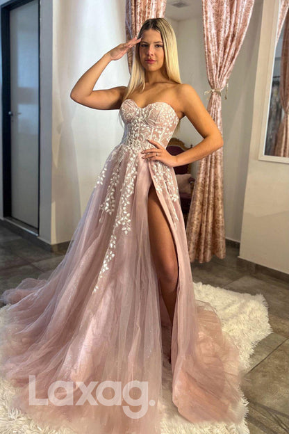 21801 - Sweetheart Lace Appliques Thigh Slit Prom Evening Dress