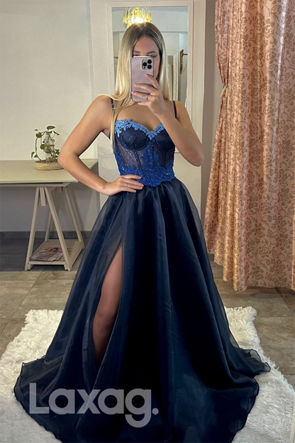 21804 - Spaghetti Thigh Slit Lace Appliques Glitter Navy Blue Prom Dress