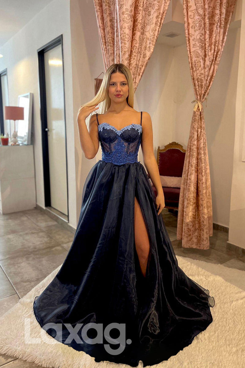 21804 - Spaghetti Thigh Slit Lace Appliques Glitter Navy Blue Prom Dress