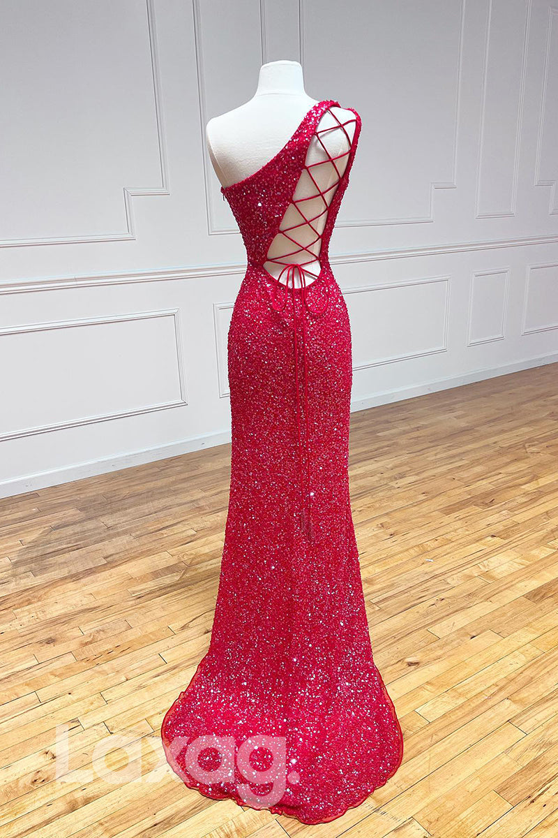 21806 - One Shoulder Thigh Slit Sequins Prom Dress
