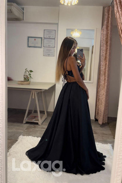 21811 - Spaghetti Sequins Top Thigh Slit Black Prom Dress