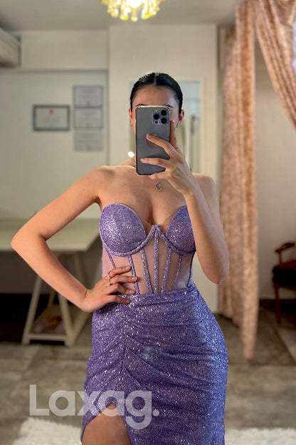 21812 - Sweetheart Sequins Thigh Slit Purple Prom Dress