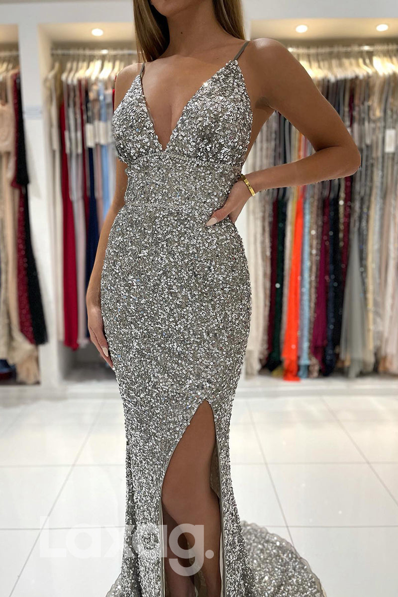 21815 - V Neck Silver Sequin Prom Evening Dress with Slit