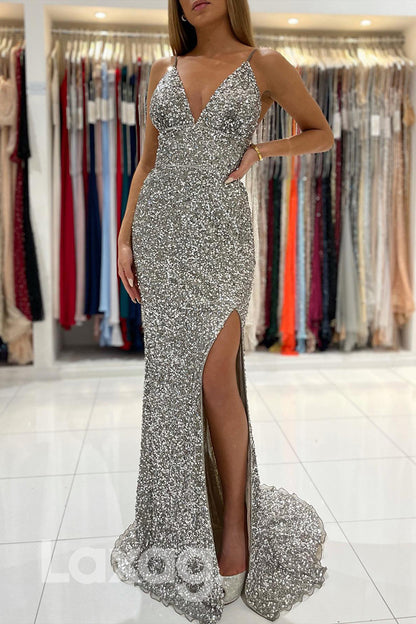 21815 - V Neck Silver Sequin Prom Evening Dress with Slit