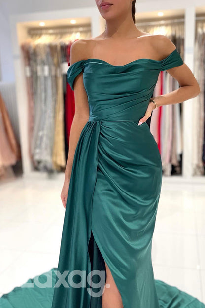 21819 - Off Shoulder Thigh Slit Emerald Green Prom Evening Dress