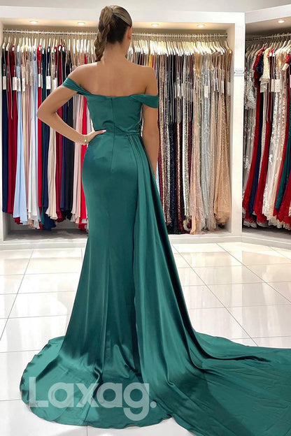 21819 - Off Shoulder Thigh Slit Emerald Green Prom Evening Dress