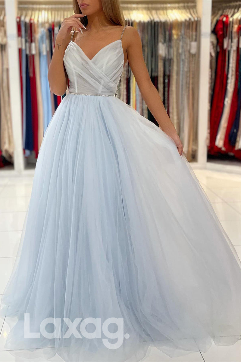 21820 - Spaghetti Light Blue Beaded Prom Evening Dress