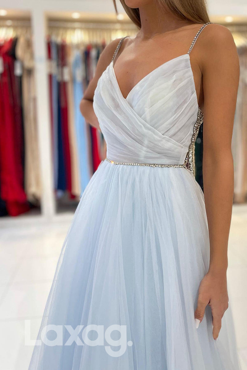 21820 - Spaghetti Light Blue Beaded Prom Evening Dress