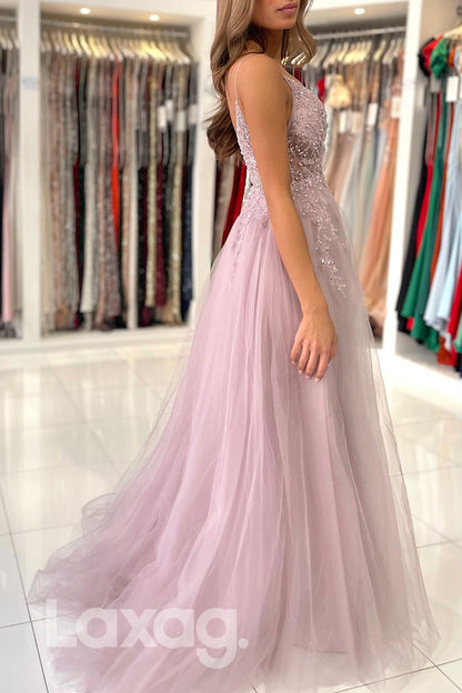 21821 - Spaghetti Pink Beaded Prom Evening Dress with Slit