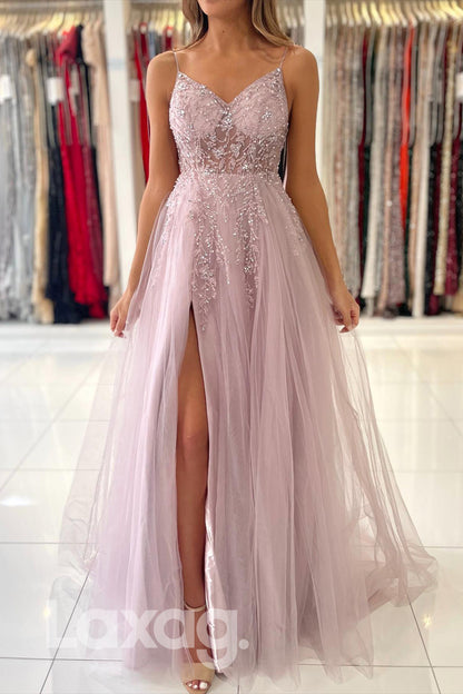 21821 - Spaghetti Pink Beaded Prom Evening Dress with Slit