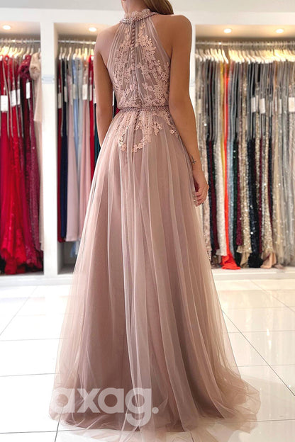 21830 - High Neck Lace Appliques Beaded Pink Prom Evening Dress