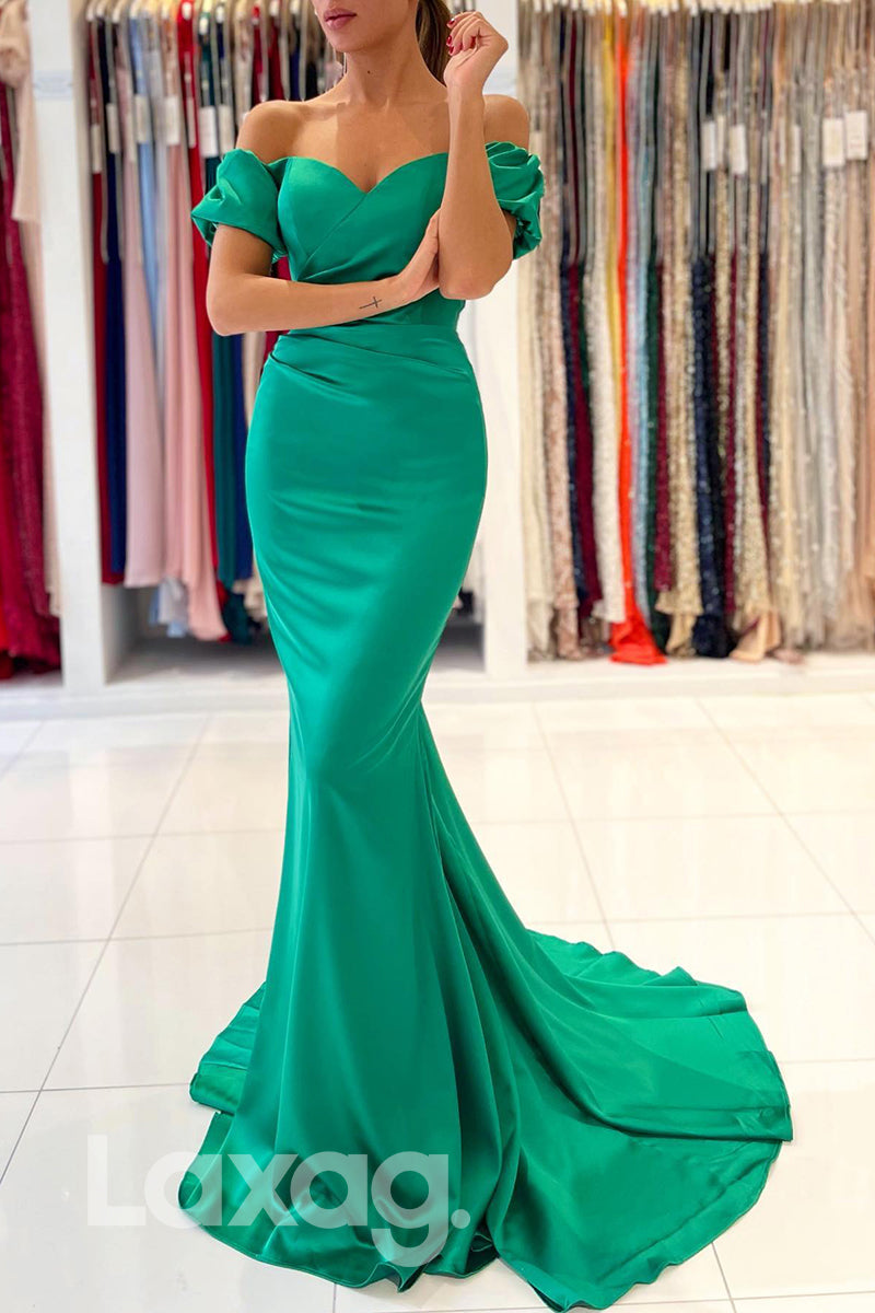 21833 - Off Shoulder Pleats Green Mermaid Prom Evening Gown