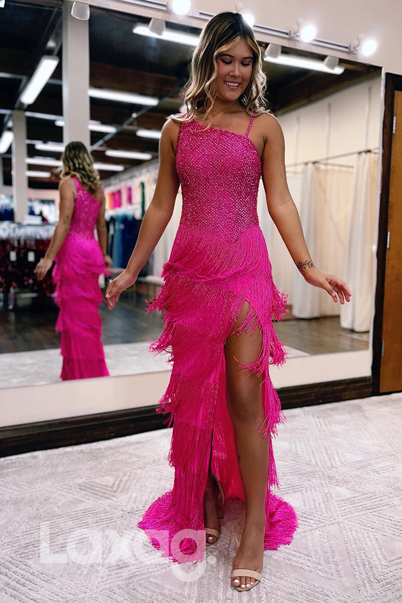 21835 - One Shoulder Straps Thigh Slit Tassels Beads Sequins Prom Evening Gown