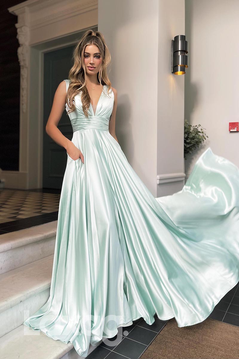 21842 - V Neck Sleeveless Satin Mint Green Prom Evening Dress