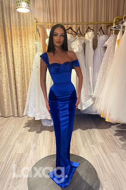 21850 - Royal Blue Off Shoulder Satin Velvet Prom Evening Dress