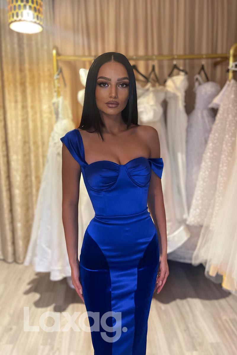 21850 - Royal Blue Off Shoulder Satin Velvet Prom Evening Dress