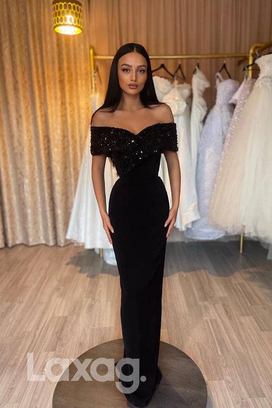 21851 - Off Shoulder Sequins Black Velvet Prom Evening Dress