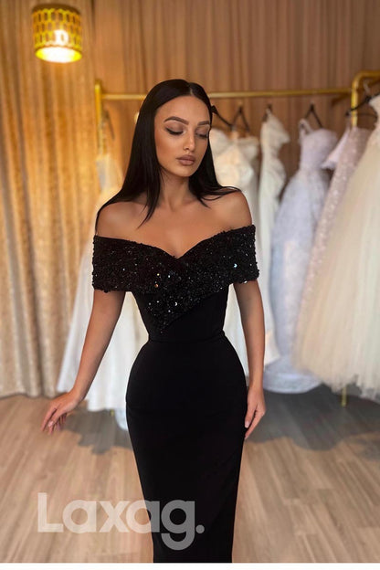 21851 - Off Shoulder Sequins Black Velvet Prom Evening Dress