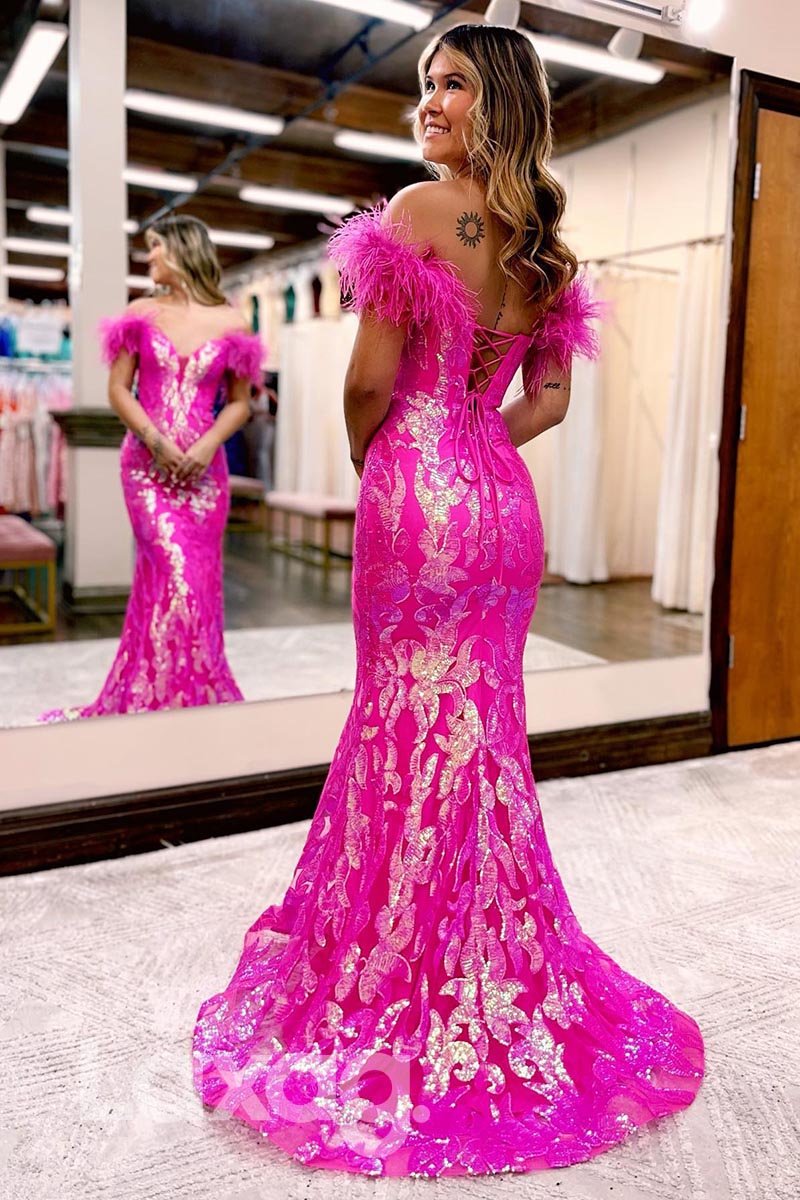 21855 - Feathers Off Shoulder Sequins Mermaid Prom Evening Dress