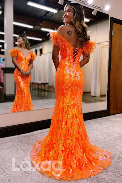 21855 - Feathers Off Shoulder Sequins Mermaid Prom Evening Dress