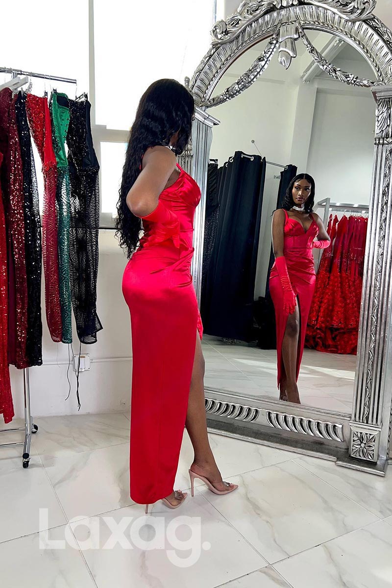 21858 - Spaghetti Thigh Slit Red Prom Evening Dress