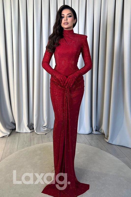 21866 - High Full Beads Long Sleeves Red Prom Evening Dress