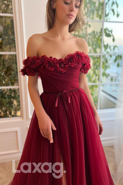 21870 - Off Shoulder Appliques Thigh Slit Burgundy Prom Evening Dress