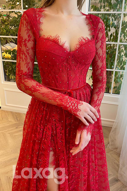 21871 - Red Long Sleeves Thigh Slit Lace Prom Evening Dress