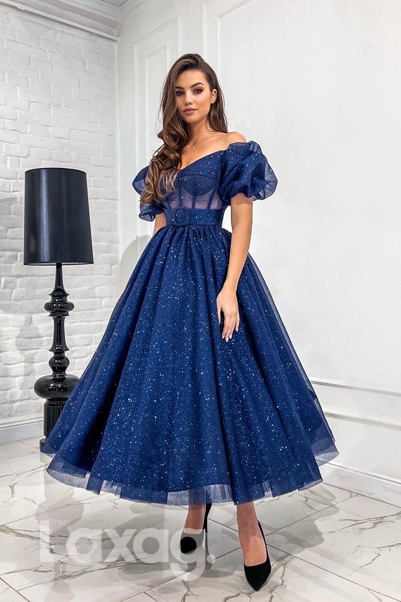21876 - Navy Blue Off Shoulder Ankle Length Glitter Prom Evening Dress