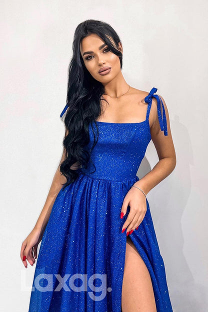 21884 - Royal Blue Glitter Thigh Slit Prom Evening Dress