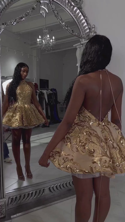 21872 - Halter Gold Sequins Backless Homecoming Dress
