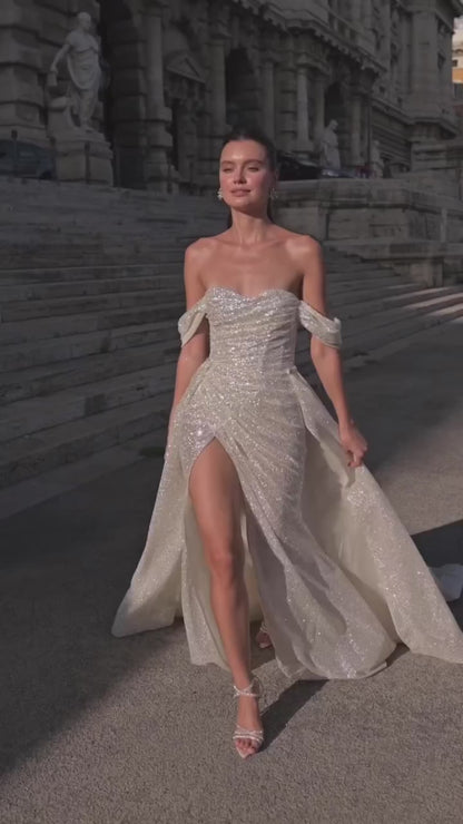 15610 -_Off Shoulder Bone Bodice Thigh Slit Glitter Wedding Dress