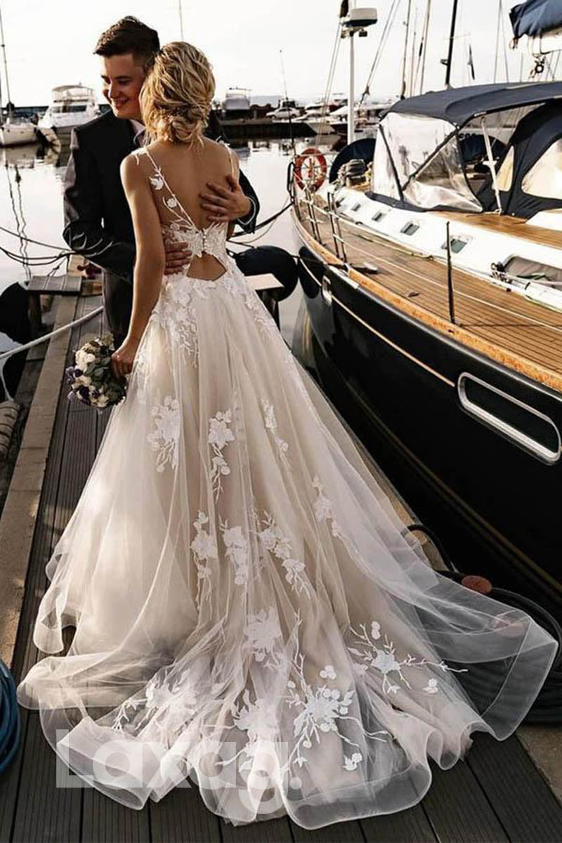 13580 - Romantic Tulle Lace Appliques A-line Rustic Wedding Dress|LAXAG