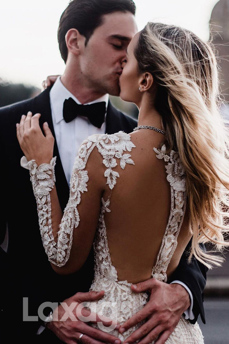 13543 - Deep V-neck Allover Lace Appliques Long Sleeves Bohemian Wedding Dress