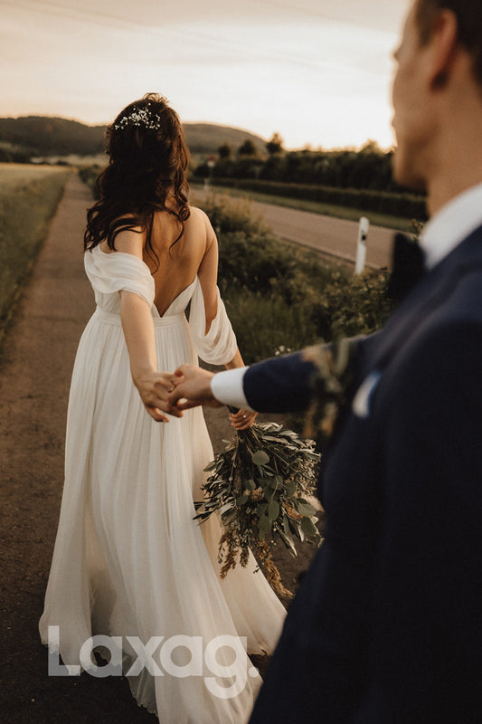 13544 - Off Shoulder Chiffon Beach Wedding Dress|LAXAG