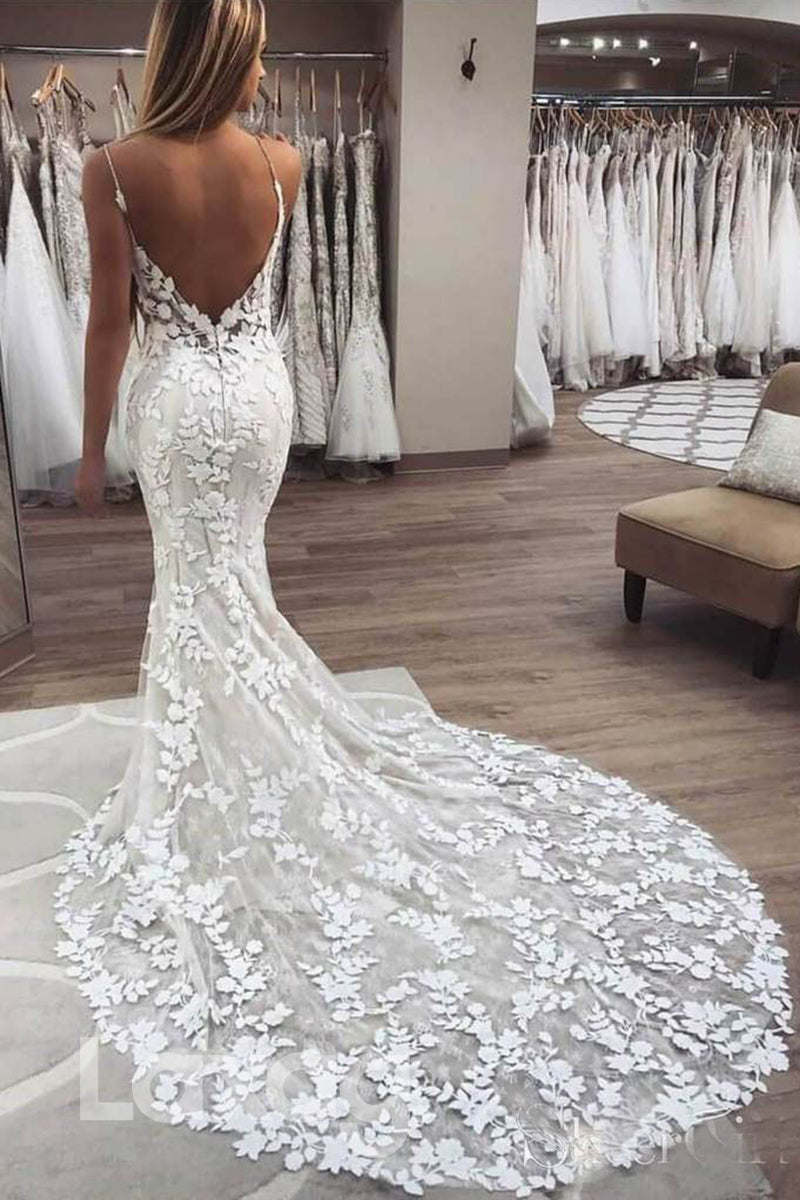 spaghetti strap v neck mermaid wedding dress V Neck Mermaid Spaghetti Straps White Wedding Dress WD736 US2 / White