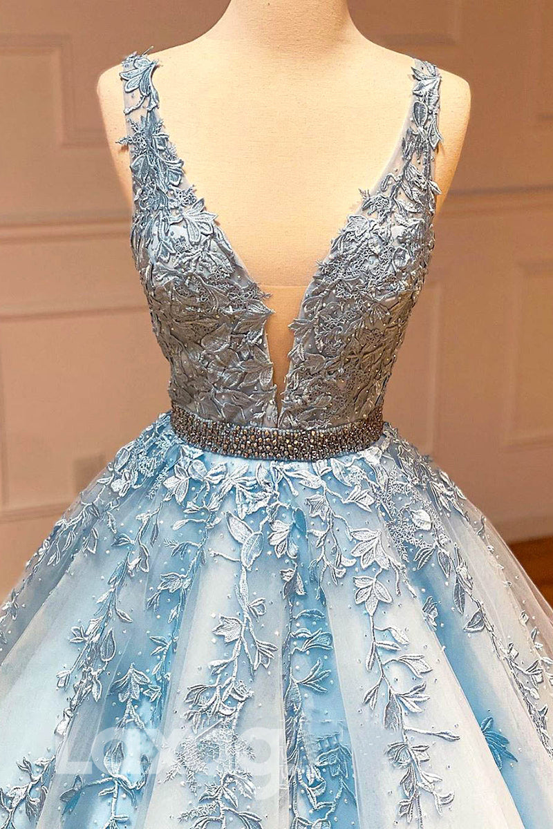 13721 - Illusion V-Neck Beaded Lace Applique Ballgown Dress - Laxag
