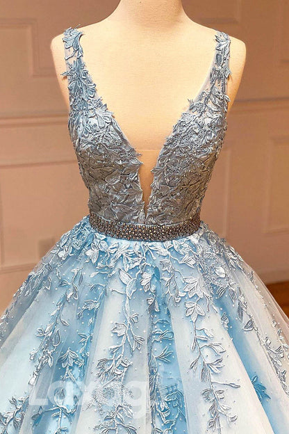 13721 - Illusion V-Neck Beaded Lace Applique Ballgown Dress - Laxag